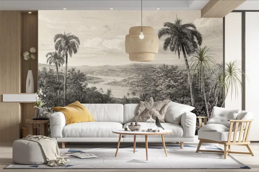 Behang pentekening landschap met palmbomen en rivier