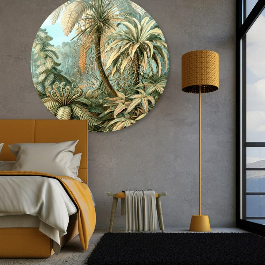 Slaapkamer met wandcirkel met afbeelding van jungle