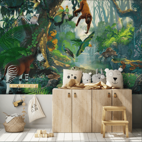 Kinderkamer met junglebehang rainforest met wilde dieren