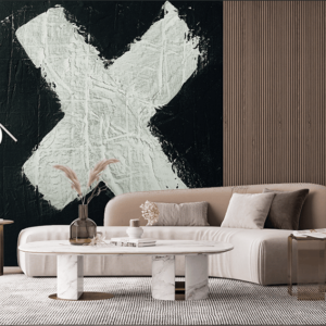 woonkamer met behangpaneel groot zwart wit kruis