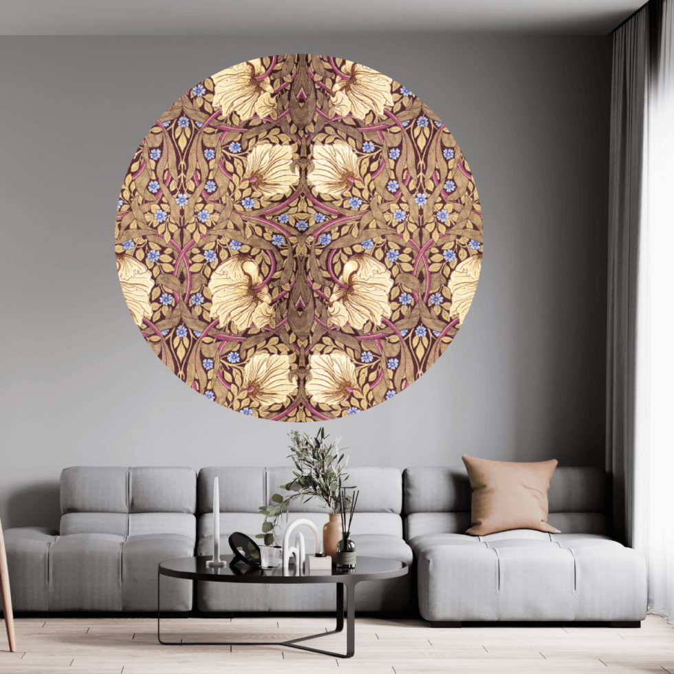wandcirkel art deco barok William Morris geel bruin e1686305858150