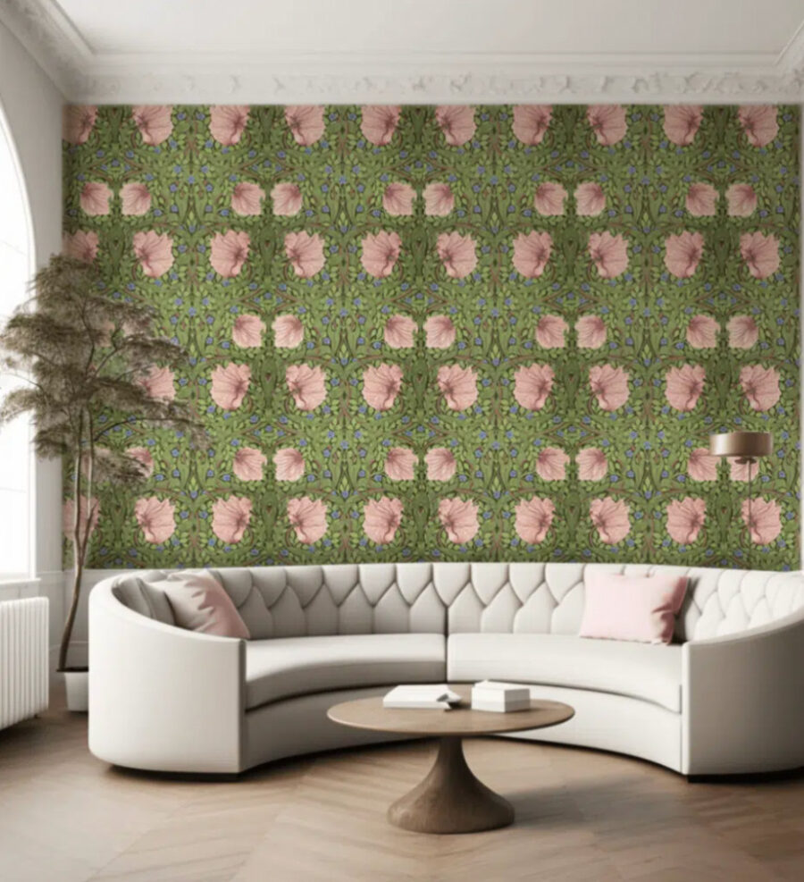 Behang-William-Morris-Pimpernel-roze-huiskamer.png